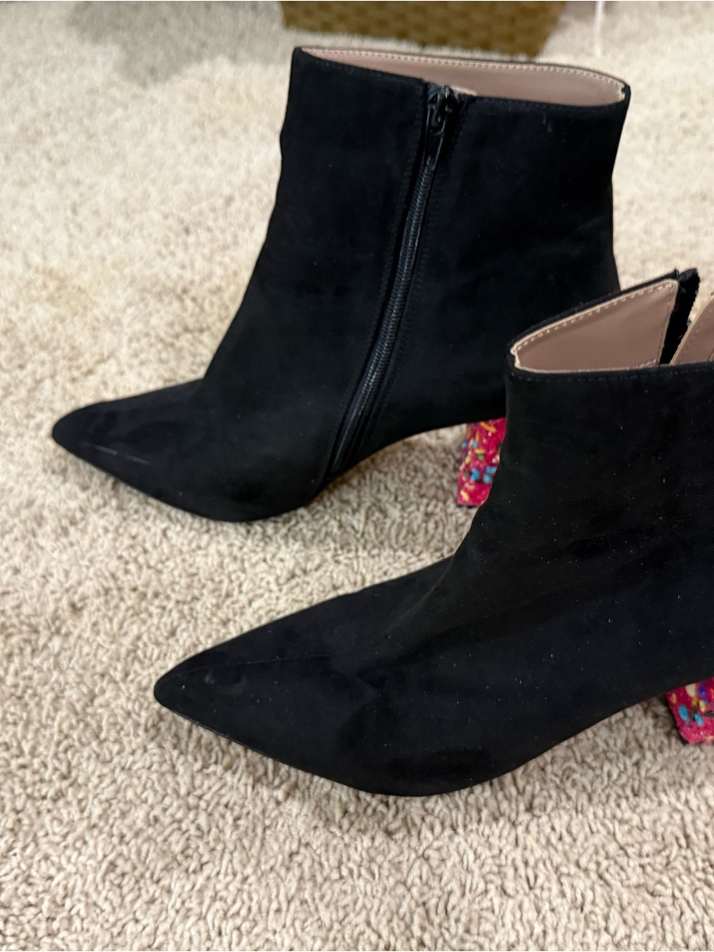 Betsey Johnson KassieBlack Suede Ankle Booties with Multicolor Beaded Block Heel - Picture 3 of 9